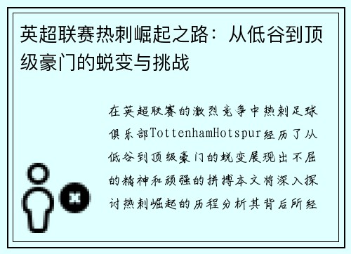 英超联赛热刺崛起之路：从低谷到顶级豪门的蜕变与挑战