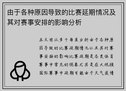 由于各种原因导致的比赛延期情况及其对赛事安排的影响分析